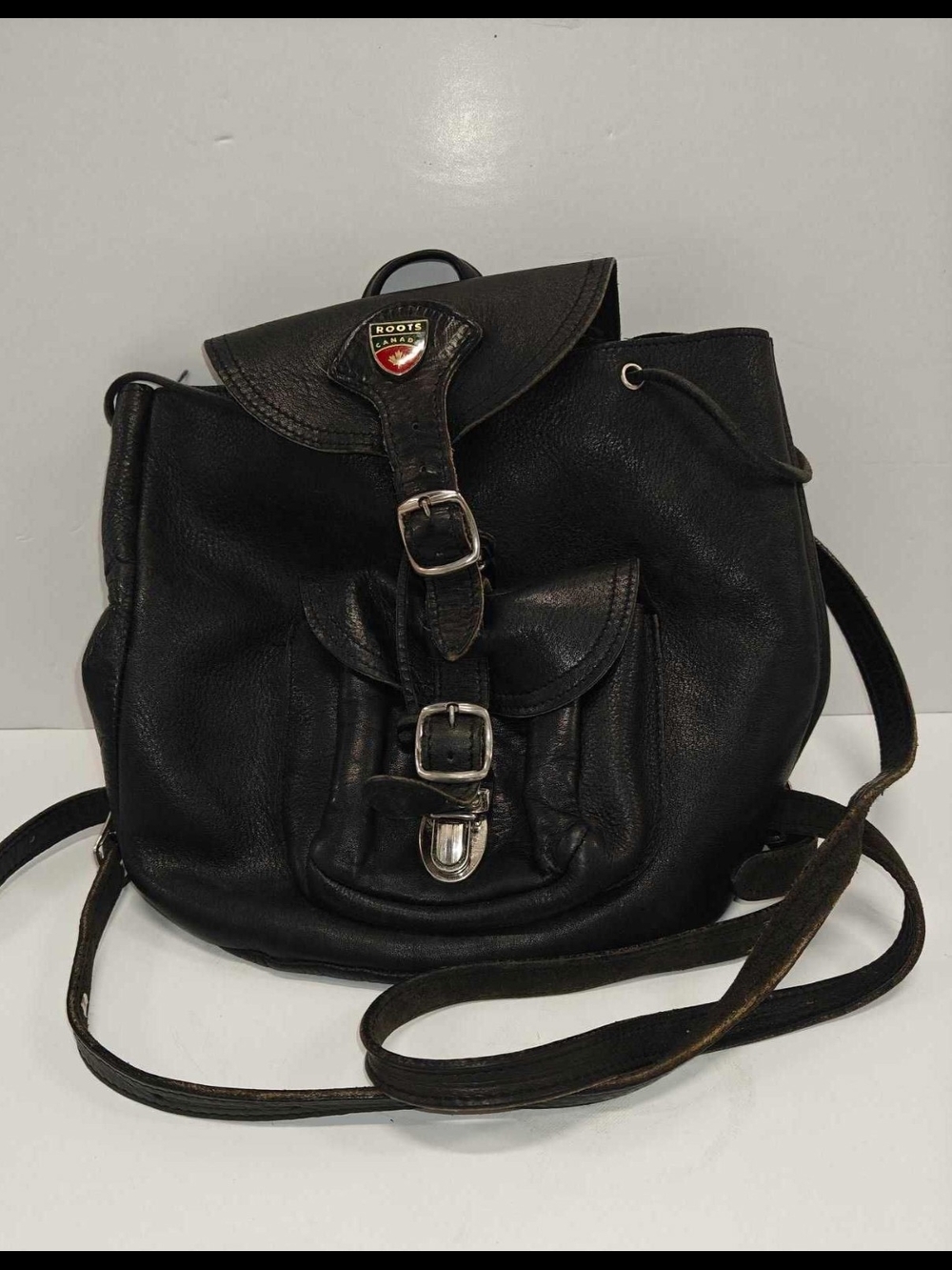 Vintage Roots Black Leather Buckle Drawstring Backpack
